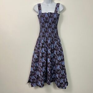 Proenza Schouler White Label Blue Burgundy Smocked Cotton Midi Dress Size 12